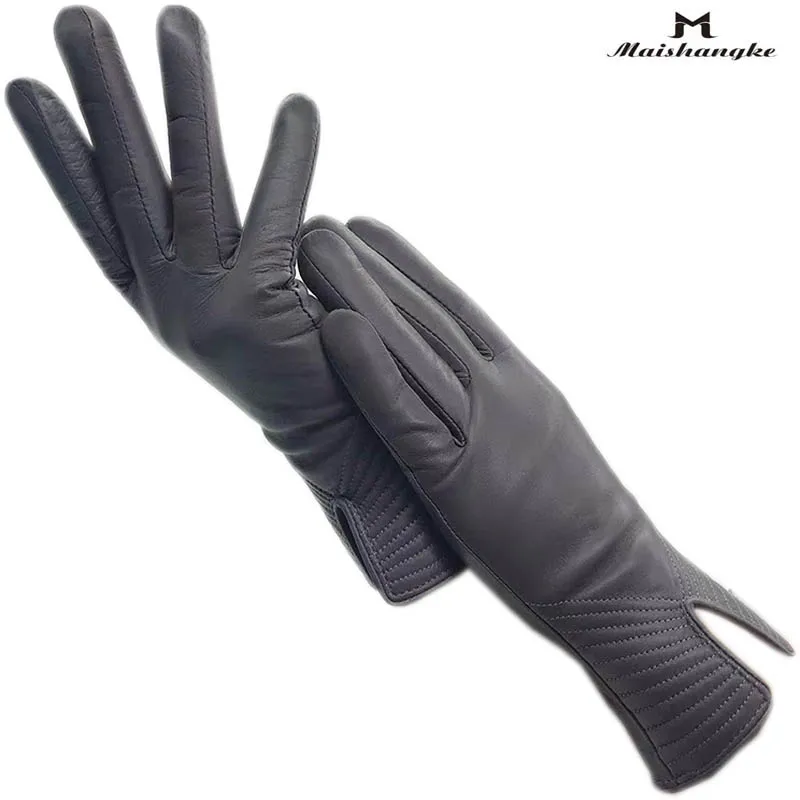 

Gloves winter ladies wrist fashion sheepskin gloves gray new warm leather genuine cold-proof points finger driving motorcycle ac