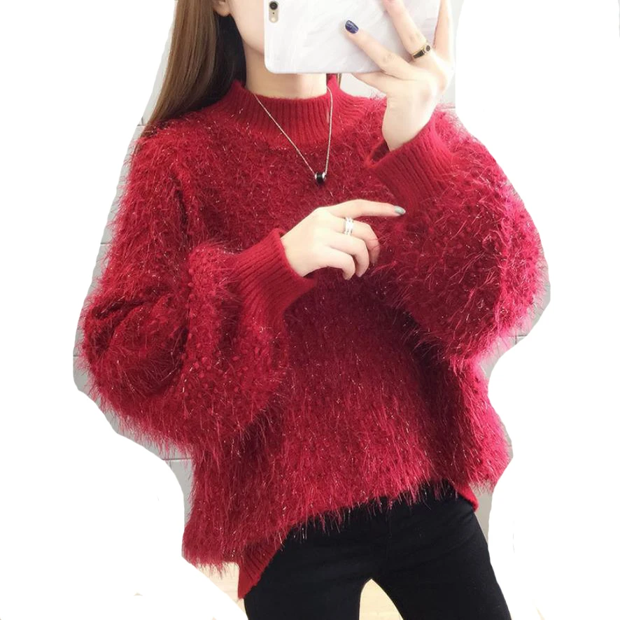 

White Mohair Fur Knitted Sweater Women Pullovers 2020 New Winter Fashion Shiny Soft Warm Jumper Female Loose Sweater Casual Tops