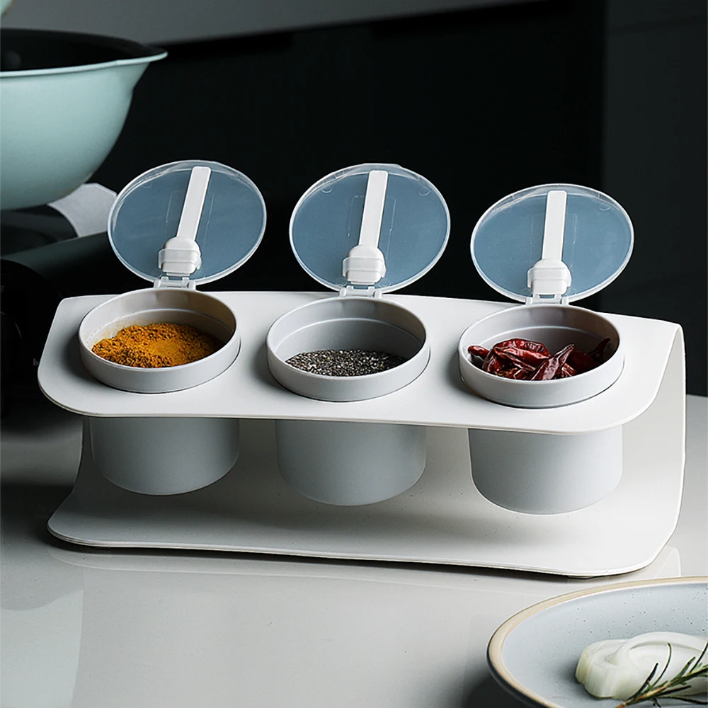 Полка для специй 3 ячейки кухонная ложка с крышкой контейнер приправ хранения