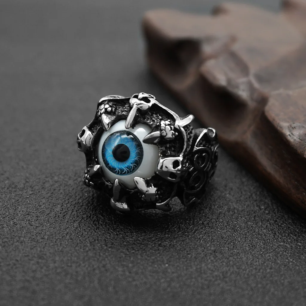 

European And American Punk Rock Blue Eye Devil's Skull Claw Titanium Steel Ring