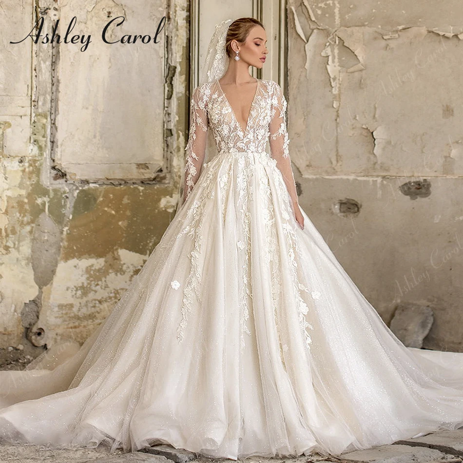 

Ashley Carol Long Sleeve Wedding Dress 2023 Sexy V-Neck Appliques Sparkling Tulle Charming A-Line Wedding Gown Vestidos De Novia