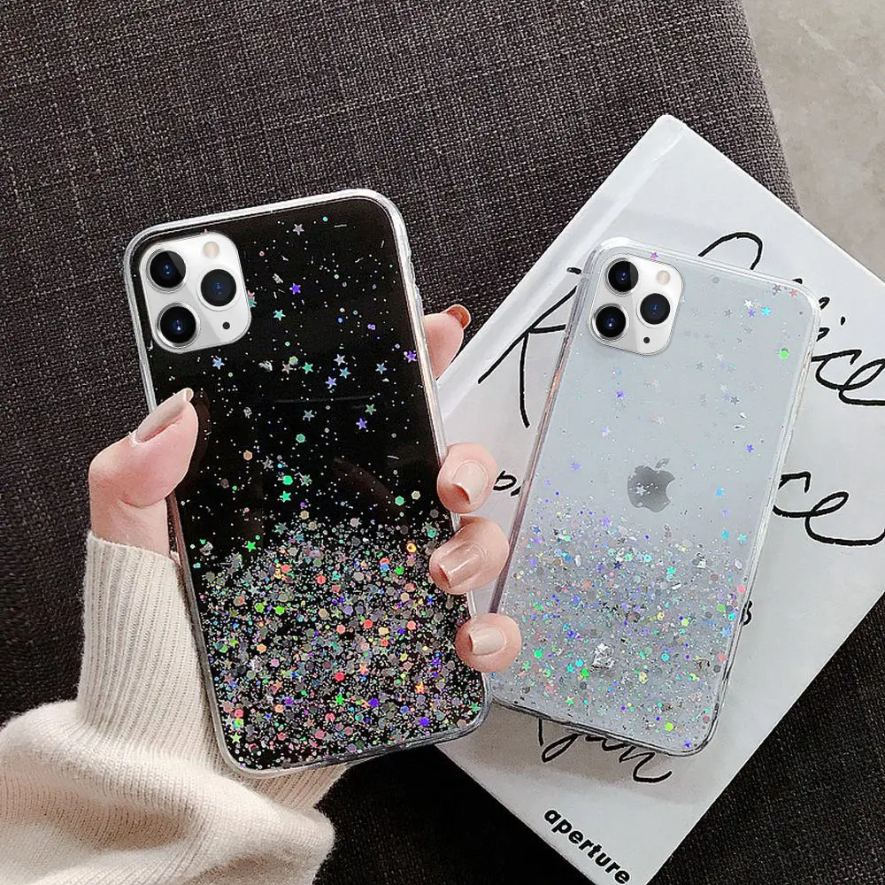 Прозрачный блестящий чехол для iPhone 11 Pro Max Xr X Xs 8 Plus 7 6S 6 12 Mini противоударный тонкий