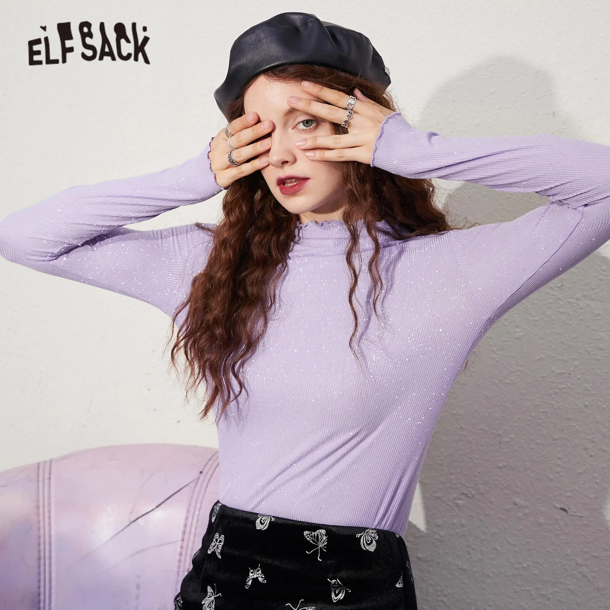 Женские повседневные футболки ELFSACK однотонные контрастные с пайетками осенняя