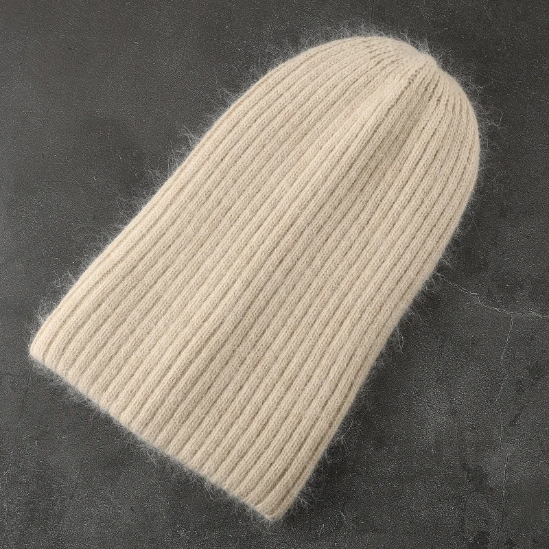 Woman Stripe Knitted Hat Women Winter Rabbit Fur Beanies Hat Female Girl Fasion Solid Bonnet Thick Warm Soft Cashmere Wool Cap images - 6