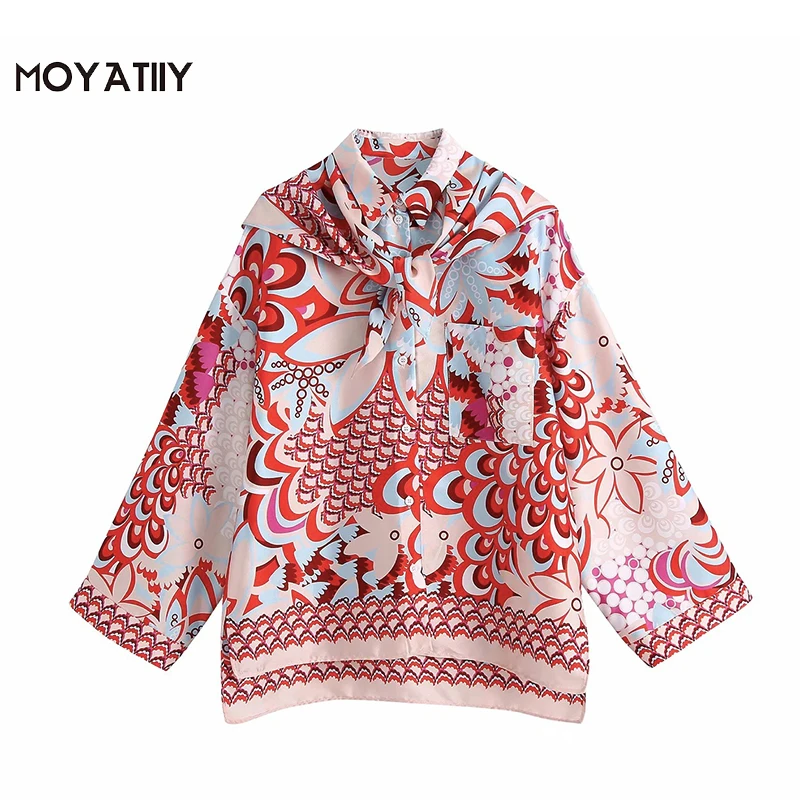 

MOYATIIY Women Fashion Spring Long Sleeve Asymmetric Shirts Indie Folk Floral Fish Scales Pattern Blouse with Scarf Female Tops