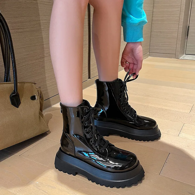 

Patent Leather Short Boots Spring And Autumn Thick Bottomed Muffin And Waterproof Platform Round Head Cross Lace Up Patent Leath