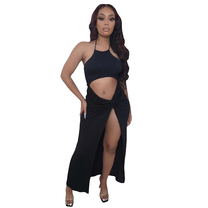 

2021 New Fashion Summer Women's Sexy Hollow Halter Slim Navel Slit Dress