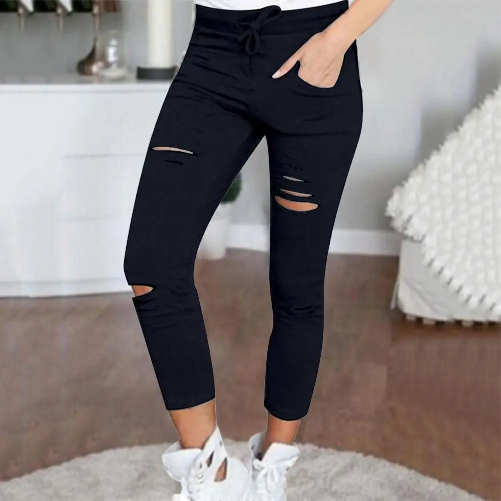 

Women Skinny Ripped Long Pants High Waist Stretch Jeans Pants Elastic Waist Drawstring Pencil Trousers BlackWine Wine Red