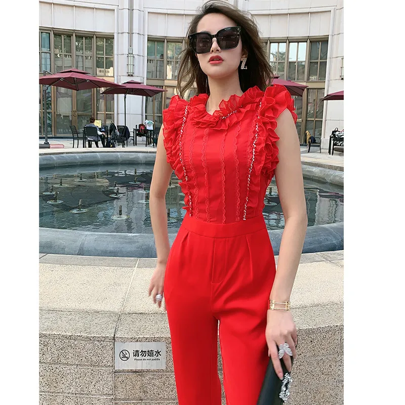 

Summer Runway Fashion Sleeveless Ruffles Beading Red Party Jumpsuits Womens Rompers Office Lady Wide Leg Full Length Pants