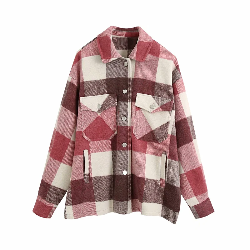 

Autumn Retro Fashion Pocket Woolen Plaid Jacket Female 2021 Loose Lapel Long Sleeve Jacket Chic Top