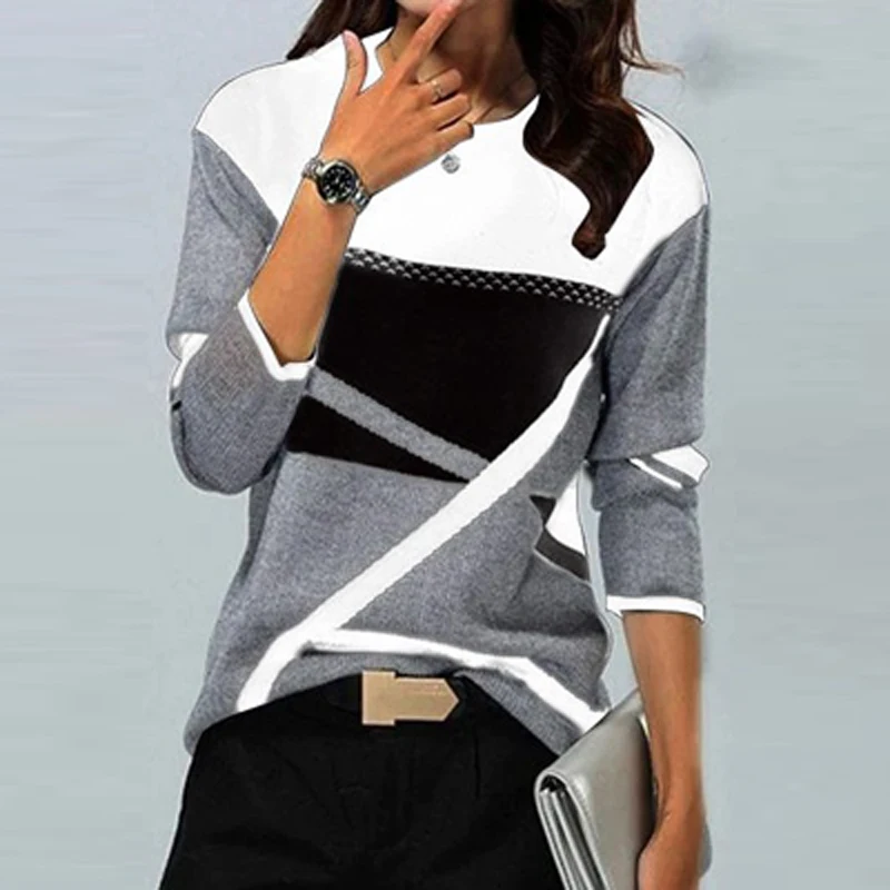 

Office Lady Patchwork Autumn Blouses Spring Fashion Geometric Print Tops Blusas Women Casual O-Neck Loose Vintage Shirt Pullover