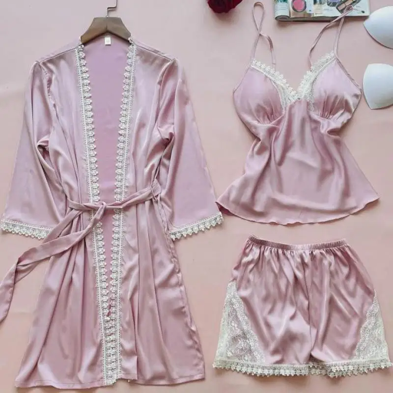 

Women Sexy Sleepwear Lace Pajamas Suit V-Neck Home Clothes Ice SIlk Pyjamas Pour Femme V-Neck Loungewear Kimono Robe Gwon