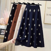 2021 autumn winter thick warm knitted midi long skirt women korean style elastic all match floral high waist skirt female
