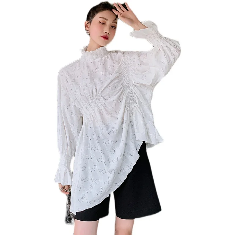 

LANMREM Women Heart Printed Irregular Shirts Turtleneck Long Sleeve Shirt Loose Fit Lady Fashion Tide Summer 2021 New 2H103