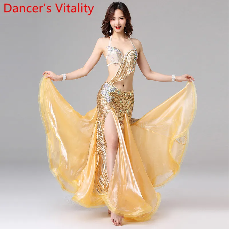 Женский костюм для танцев золотой бюстгальтер с бусинами и юбка из рыбьей кости