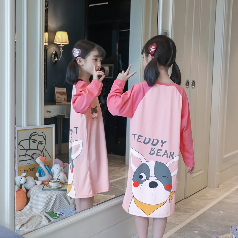 Camisones de noche para ni&ntilde;as y beb&eacute;s, Pijama de dormir de algod&oacute;n de manga larga, ropa de casa suelta, camis&oacute;n de princesa rosa, ropa de descanso-0