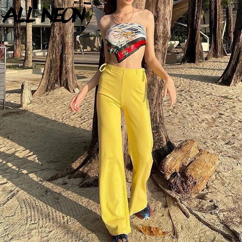 

ALLNeon 90s Aesthetics Lace-Up Ribbed Floral Pants Y2K Streetwear High Waist Full Length Baggy Yellow Trousers Fashion Jogging