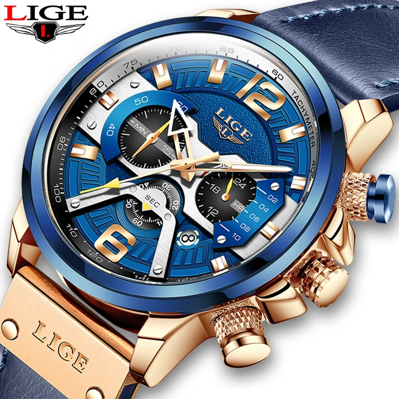 

LIGE Casual Sport Watches for Men Blue Top Brand Luxury Military Leather Wrist Watch Man Clock Fashion Chronograph Wristwatch