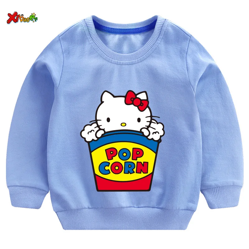Свитшоты для маленьких девочек Футболка hello kitty г. Осенние толстовки для малышей, пуловер с длинными рукавами Модная одежда с героями мультфильмов красный, белый