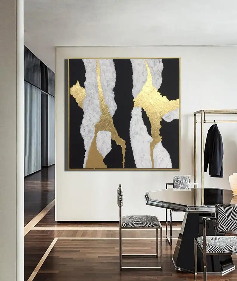 Акриловые абстрактные картины с золотыми листьями на холсте экстра большие