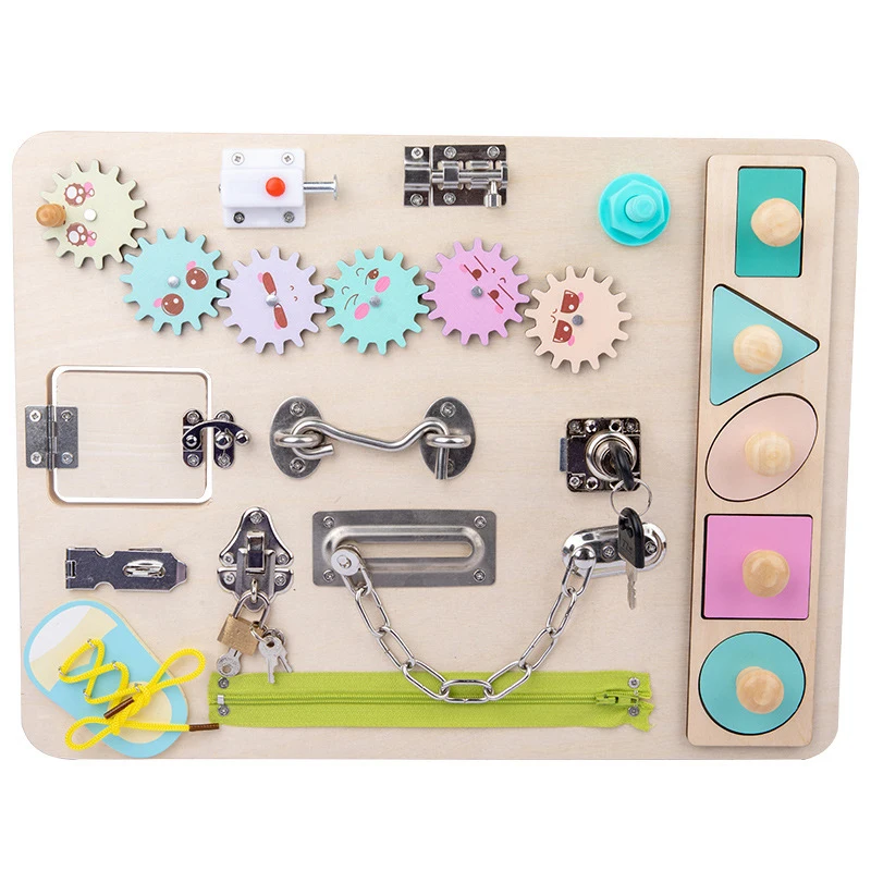 

Wooden Montessori Toys Baby Busy Boards Activity Board Basic Skills Buckle Training Locks Latch Educational Learning Toys