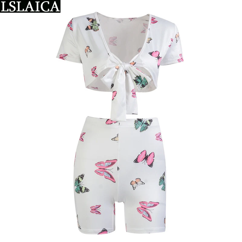 

Sexy Crop Top Two Piece Set Top And Pants Butterfly Print Short Sleeve v Neck Strappy Fashion 2 Piece Outfits For Women Shorts