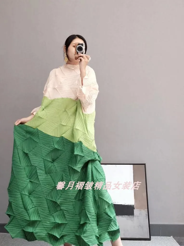 Miyake модные раза Алмазный плиссированное платье с рукавом три четверти в стиле пэчворк, воротник-стойка, свободные бутон платье