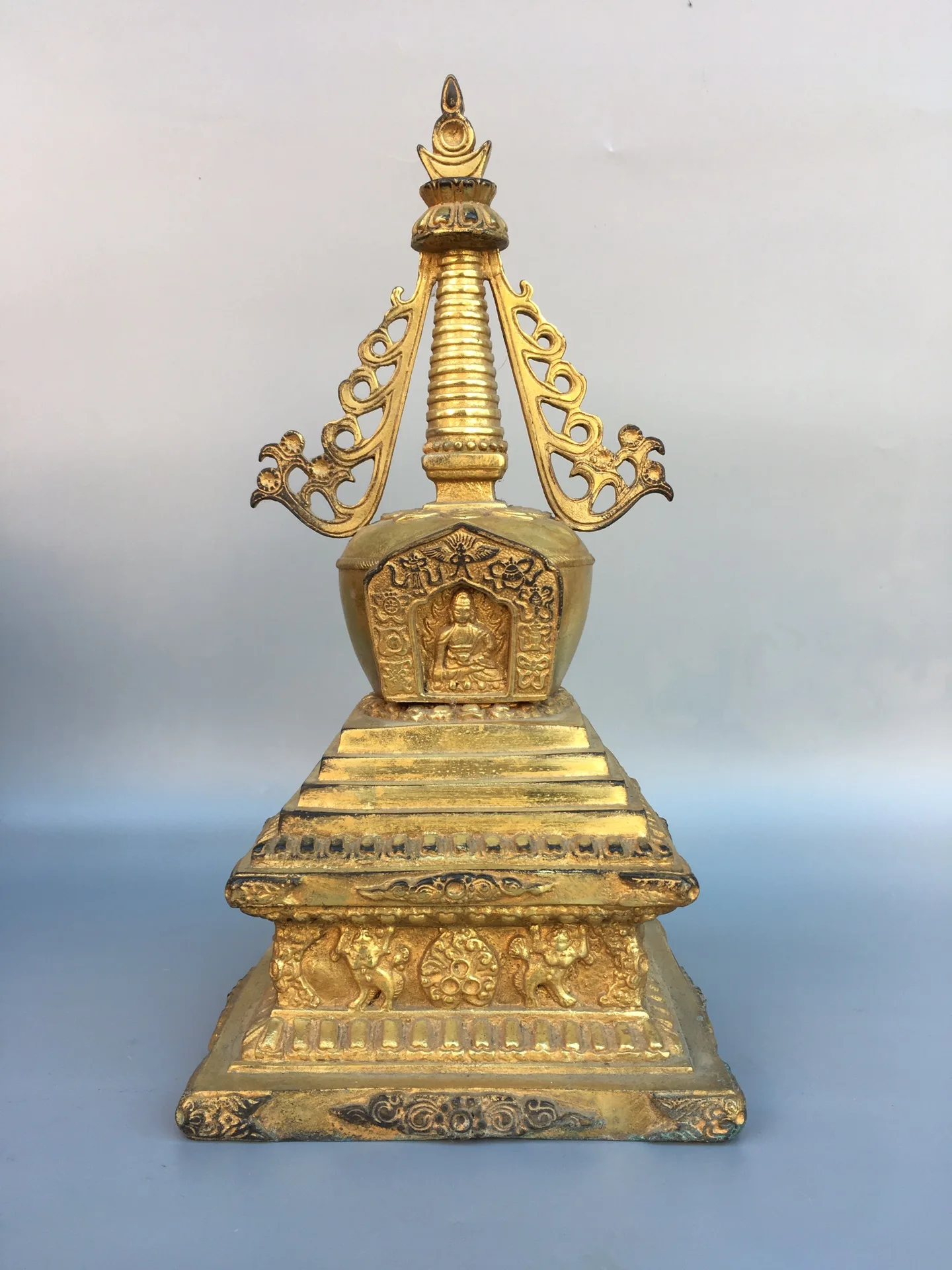 

11"Chinese Folk Collection Old Bronze Gilt Shakyamuni Buddha pagoda stupa Office Ornaments Town House Exorcism