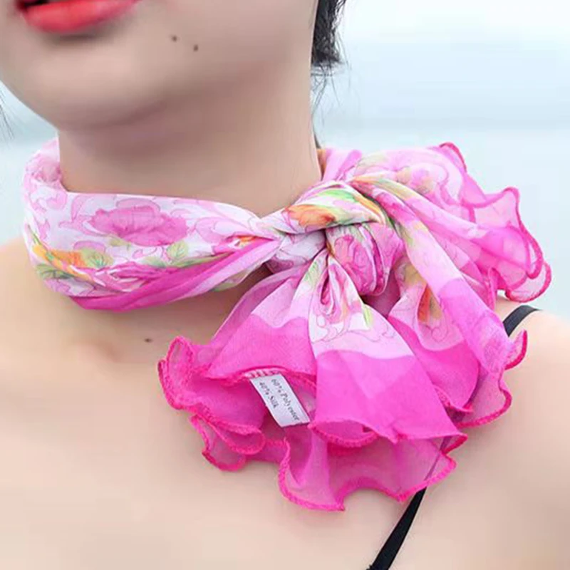 

Universal Ruffled Thin Small Square Scarf For Ladies Korean Rayon Multifunctional Sunscreen Breathable Soft Floral Bib E84