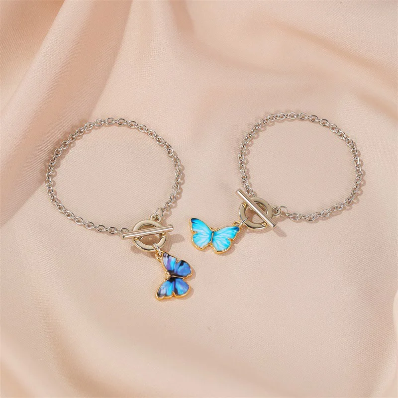 

Pendant Butterflies Fashion Female Cute Gift Necklace Women Beach Chain Bracelet Blue Girls Silver Color Bohemian Butterfly