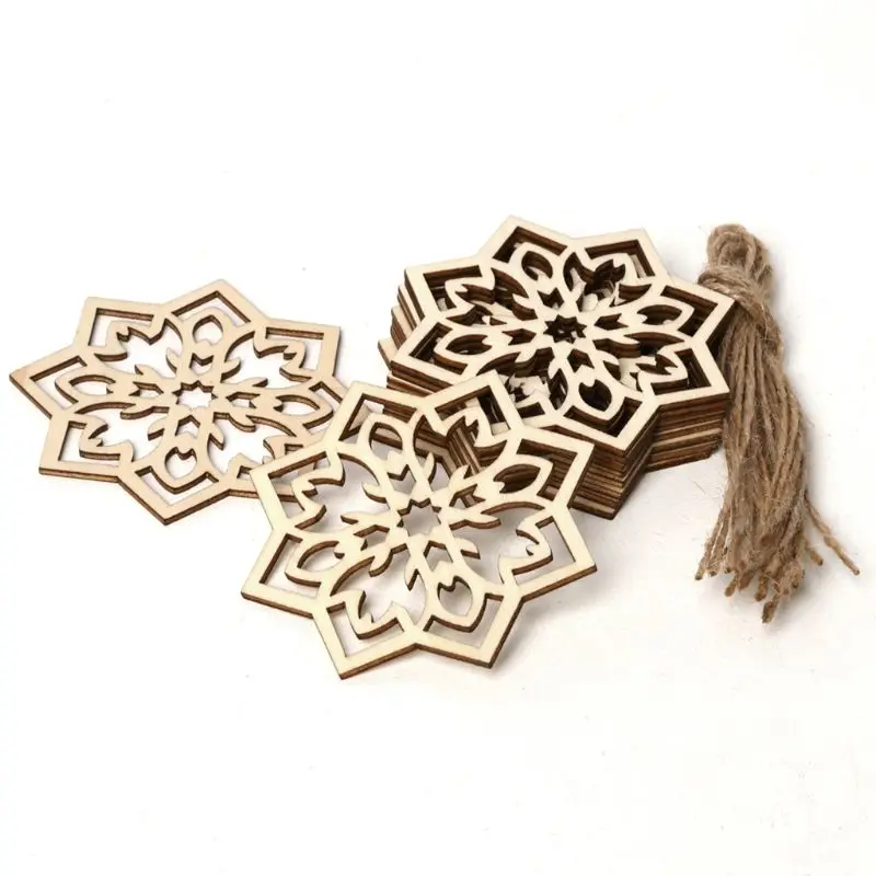 

YYSD 1 Set Eid Wooden Pendant DIY Eid Mubarak Muslim Festival Natural Wood Snowflake Hanging With Ropes Hollow Ramadan Home