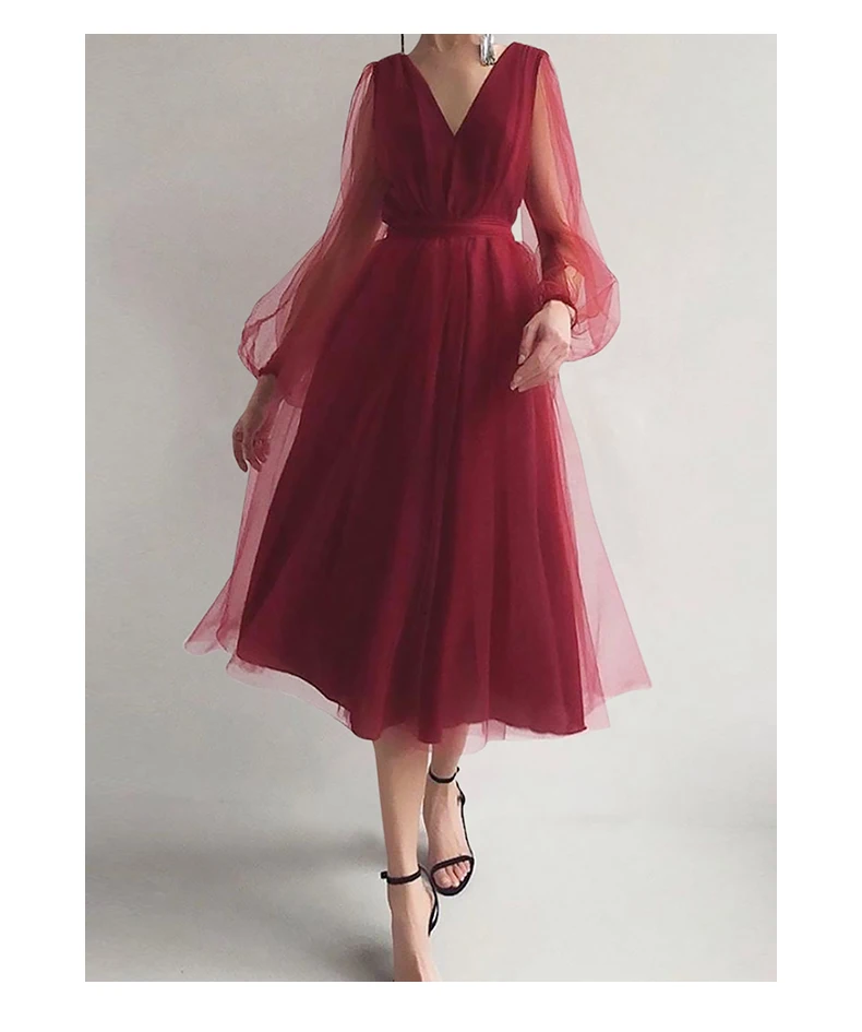 

2021 Elegant Dresses French Style Retro V-neck Lantern Sleeve Red Formal Dress Temperament Fairy Mori Style Mesh Mid-calf Dress