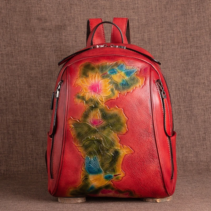 

2021 Summer Retro Backpack Handmade Embossing Genuine Leather Bagpack Women Bag First Layer Cowhide Floral Travel Bags Sac A Dos