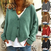 2021 autumn and winter european and american womens knitted sweater cardigan solid color long sleeved v neck sweater women