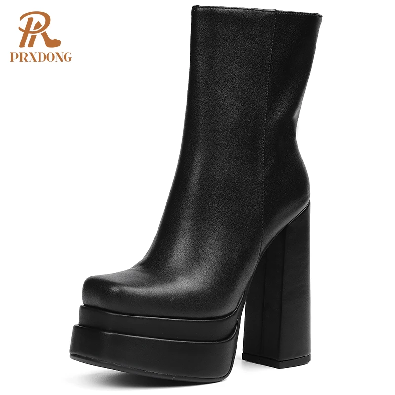 

New 2021 Women's Comfy Elastic Platform Round Toe Chunky High Heel Ankle Booties Genuine Leather Short Boots Large Size 34-43