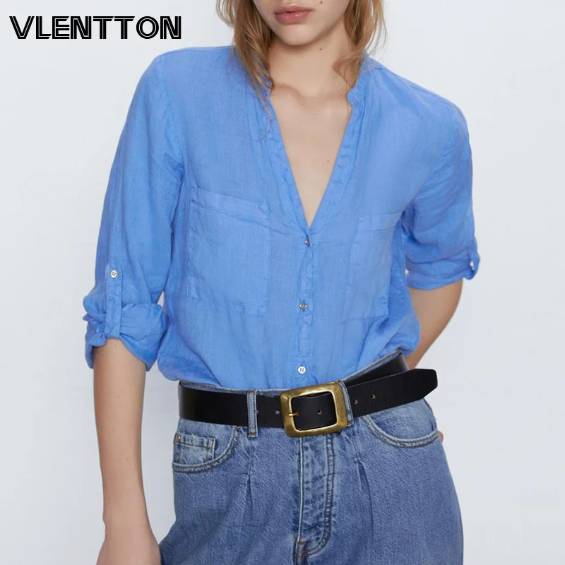 Женская винтажная блузка из хлопка и льна Повседневная Свободная Однотонная