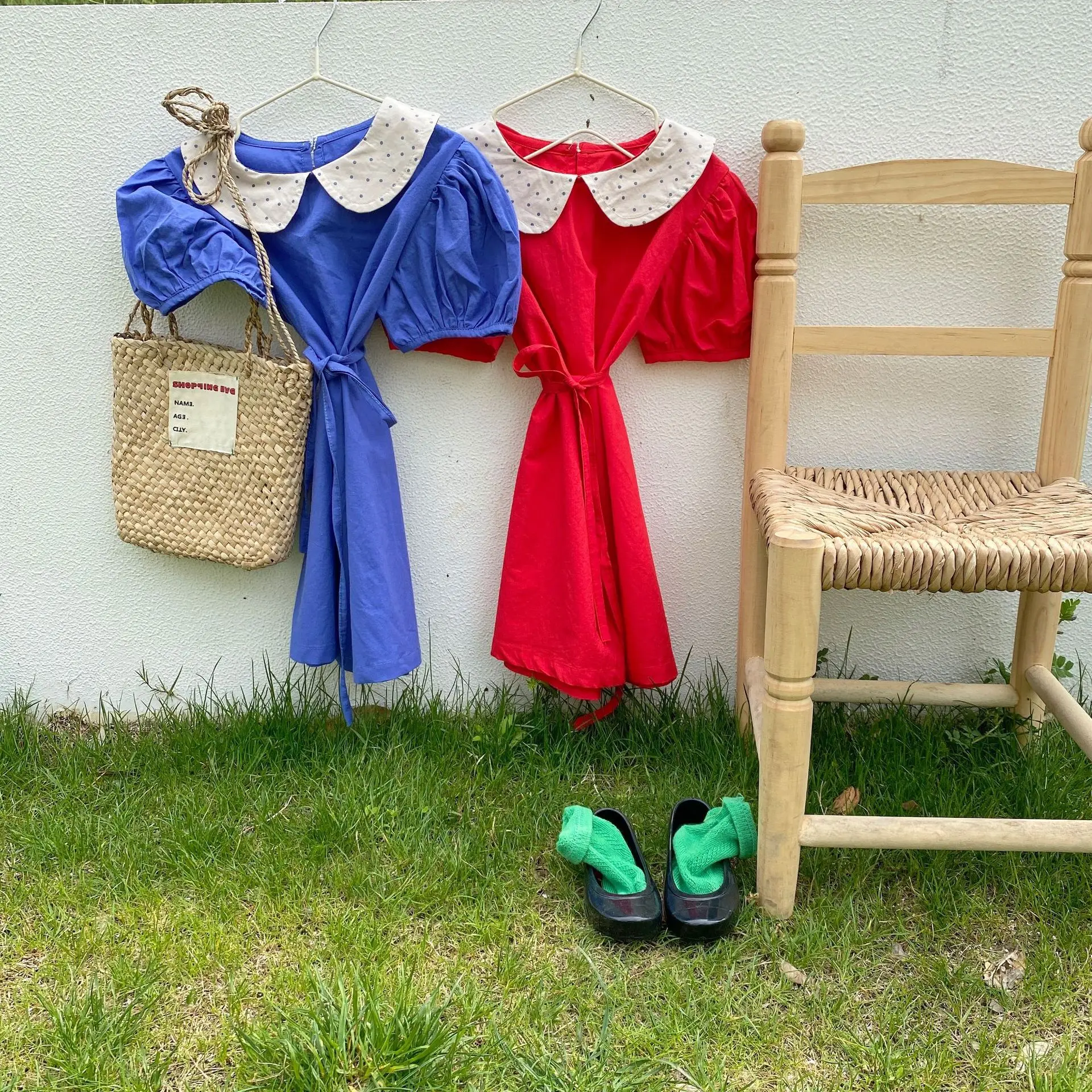 

Korean Children's 2021 Summer New Girls Clothes Kids Lapel Cotton Short Sleeve Dress