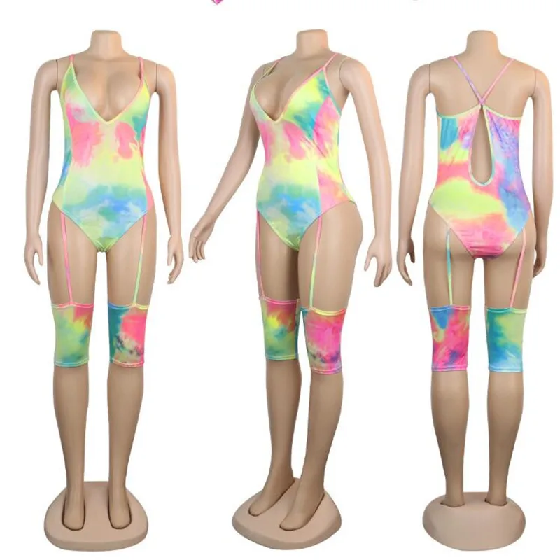 

2020 New Women Tie Dye Jumpsuit Deep V-neck Spaghetti Strap Print Skinny Push Up Streetwear Bodysuit Lady Party Club Playsuits