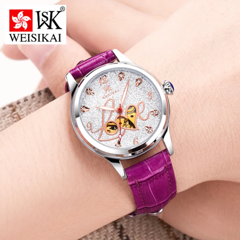 WEISIKAI Mechanical Watch for Women Luxury Rhinestone Tourbillon Luminous Hollow Love Leather Strap Ladies Wristwatch Gift 149L
