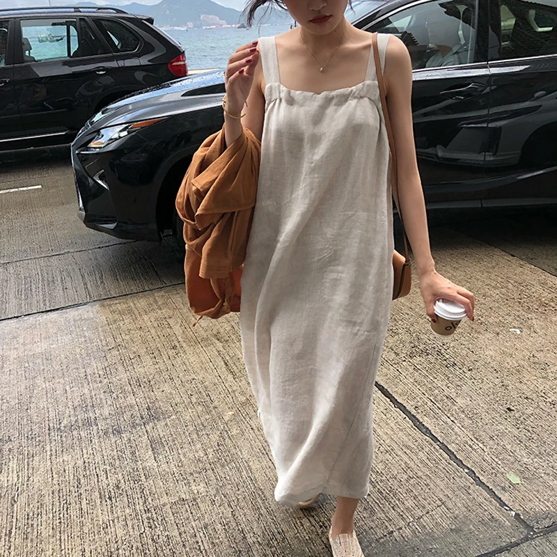 

Linen New Summer Shirt Dress Evening Female Vintage Party Oversize Sleeveless Beach Women Dresses Robe Vestido Maxi Prom