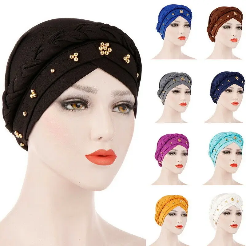 Helisopus Для женщин бисером оплетка мусульманский тюрбан хиджабы сплошной головной