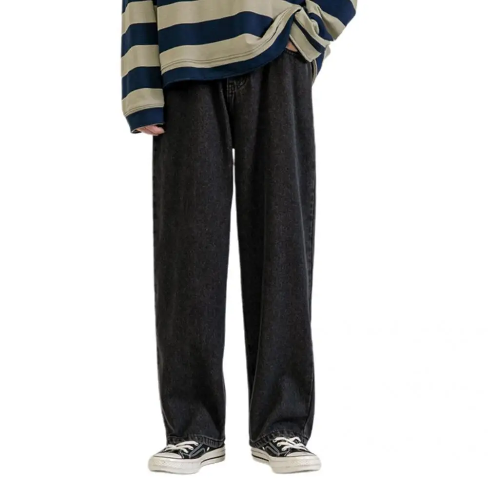 

Men Jeans Straight Mid Rise Men Jeans Wide Leg Solid Color Hip Hop Denim Pants Multi Pockets Straight Loose Jeans Streetwear