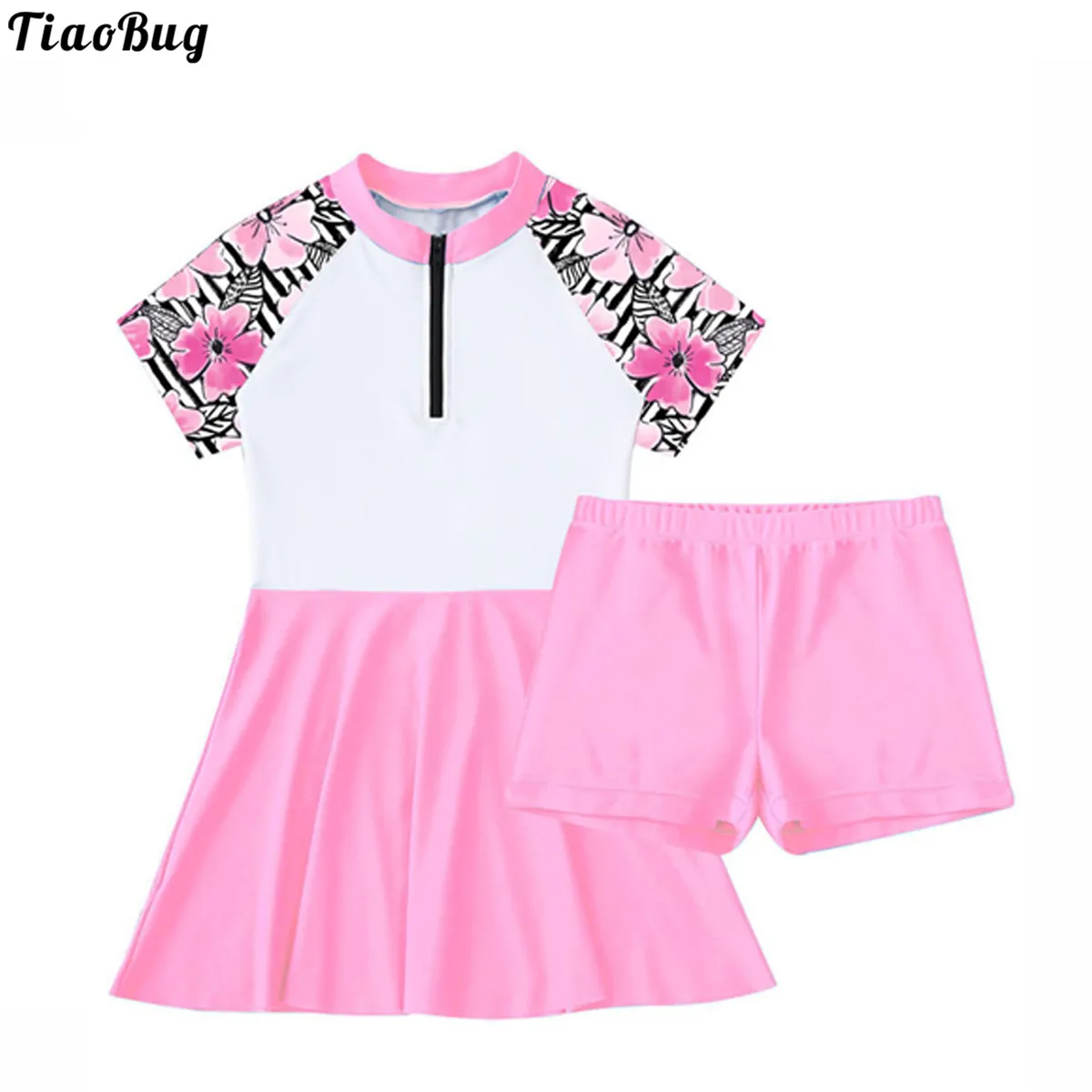 TiaoBug Summer Kid Girls 2Pcs Swimsuit Stand Collar Short Sleeves Front Zipper Swimming Dress With Shorts Bikini Pool Beach Suit