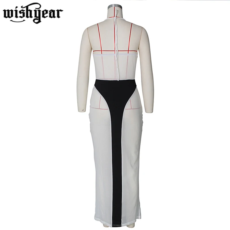 

Color Patchwork Sheer Mesh Long Dress for Women Sexy Strapless Halter Backless Bodycon Maix Dresses 2021 Summer Beach Outfits