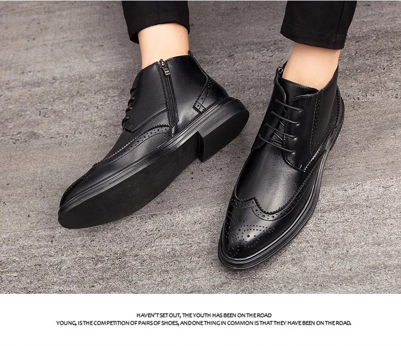 BIMUDUIYU Autumn New Men Leather Ankle Oxford Boots British Style Male Casual Lace Up Derby Shoes Fashion High Top Brogue Shoes