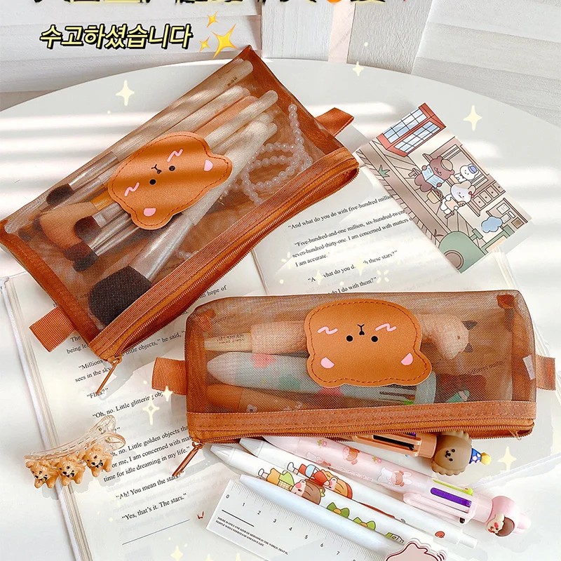 Прозрачный сетчатый чехол для карандашей милые коричневые чехлы с медведем