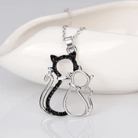 exquisite cute silver plated cat necklace black zircon kitten pendant necklace sweet girls daily long chain women jewelry gifts