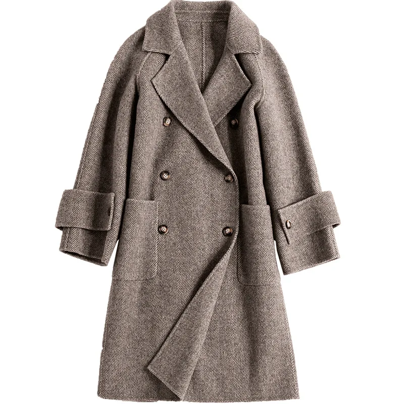 

Зимнее двубортное кашемировое Женское пальто в елочку, элегантная шерстяная куртка с отложным воротником, теплая плотная верхняя одежда