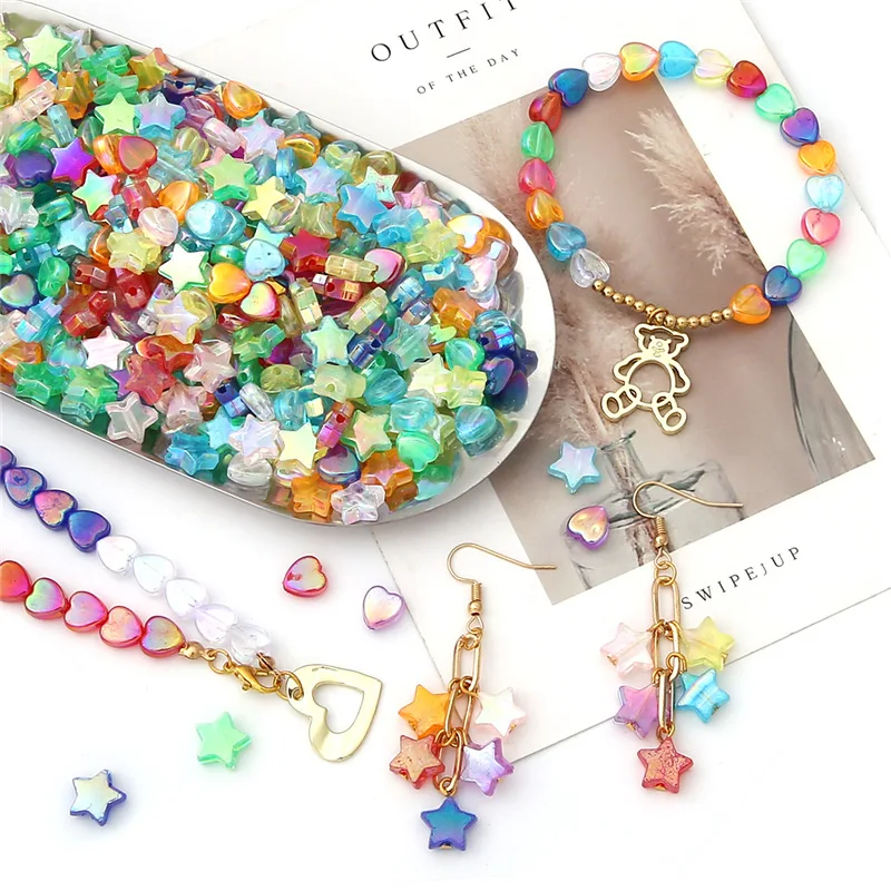 

100PCS 10mm Acrylic Loose Beads DIY High Quality Hot Sale Star Popular Heart Spacer Candy Color Jewelry Accessories