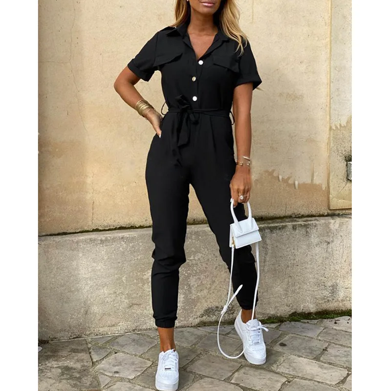 

European and American women's casual lapel printed belt overalls